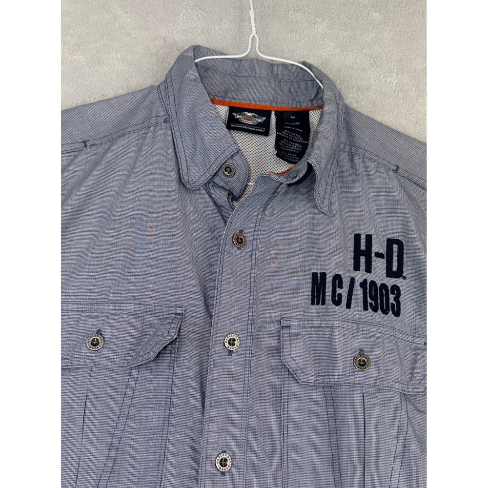 Harley-Davidson Mens Medium Blue Check Short Slv Button Up Work Shirt H-D 1903